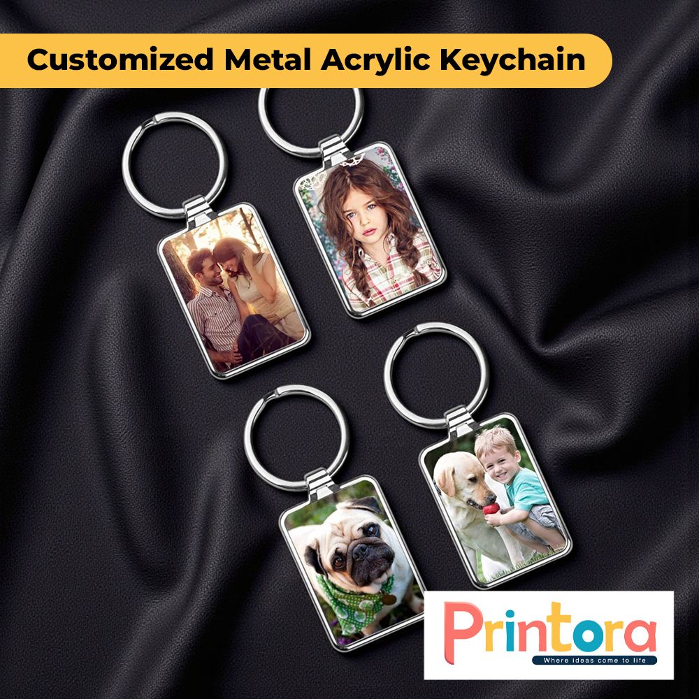 Customized metal acrylic keychain with clear acrylic and polished metal frame