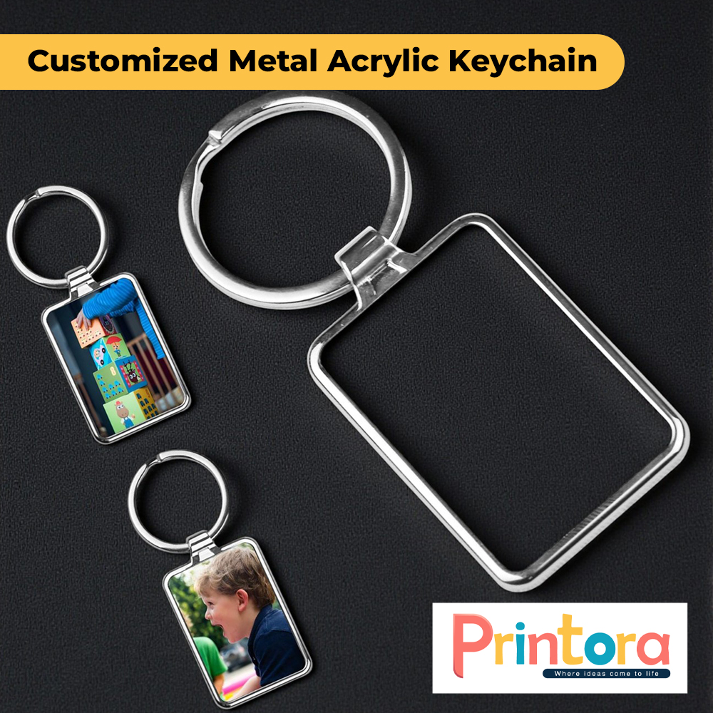 Customized metal acrylic keychain with clear acrylic and polished metal frame