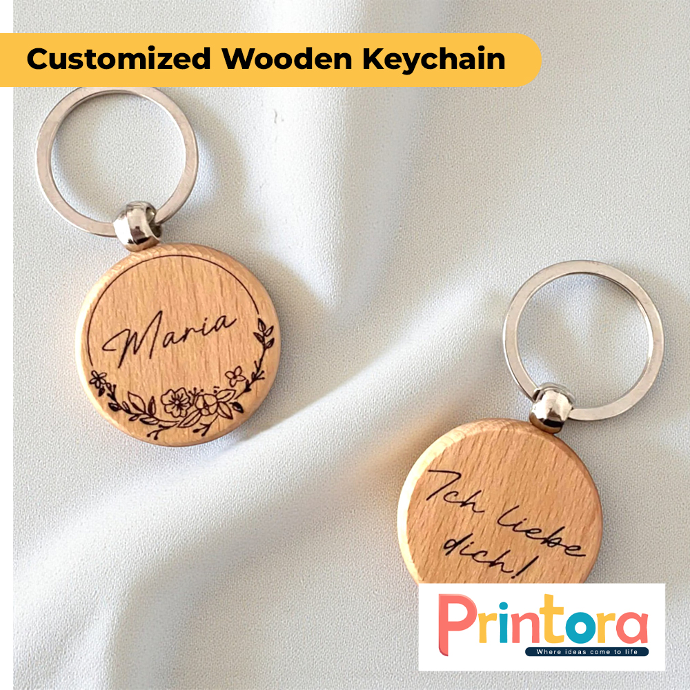 Customized wooden keychain with engraved name made from natural wood