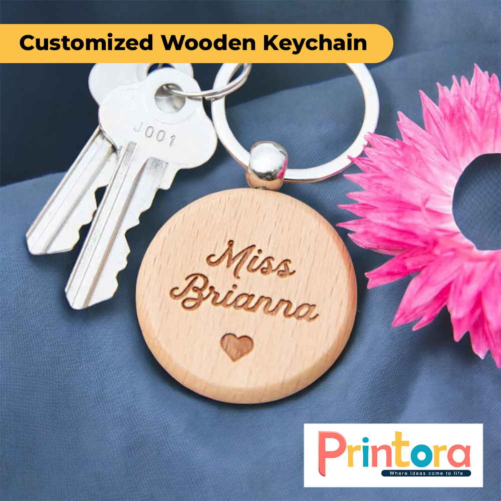 Customized wooden keychain with engraved name made from natural wood